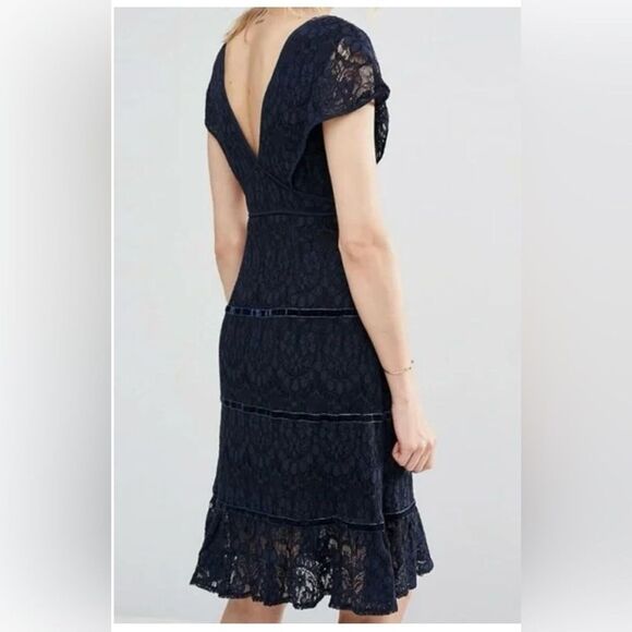 NWT Foxiedox Anthropologie Clarinda Lace Midi Dress Navy Blue Women's XL Tiered - Picture 2 of 12